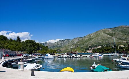 View of a port in a small European coastal townの写真素材