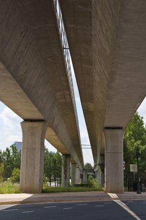 A view from under twin concrete bridges for a rapid rail systemの写真素材