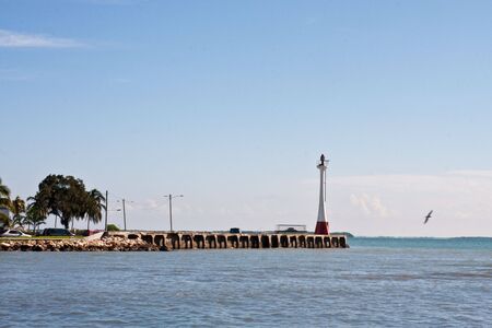 A red and white beacon on a tropical beach with a seagull in the airの写真素材
