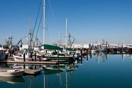 Beautiful boats at a marina with calm blue water under a blue skyの写真素材