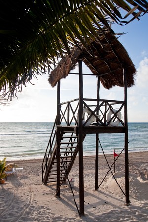 A lifeguard station on a beachの写真素材