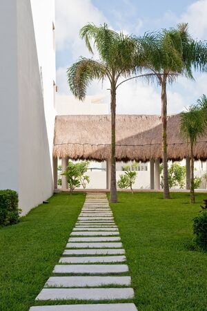 A walkway through a green grass lawn in the tropicsの写真素材