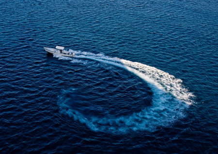 A small white boat circling in blue water leaving wake