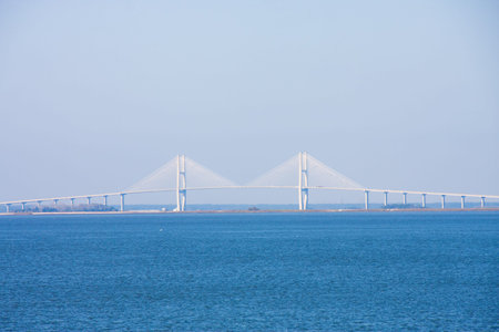 A white suspension bridge over a blue shipping channel