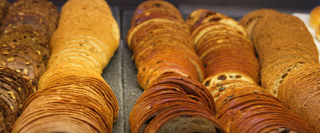 A bakery case full of fresh sliced breads