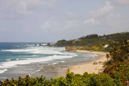 A nice tropical beach below lush, green rainforestの写真素材