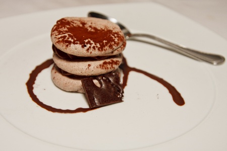 A gourmet dessert of chocolate pasty on a white plate with spoonの写真素材