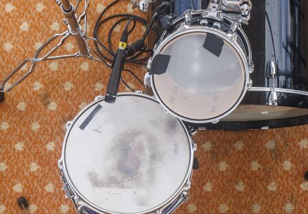 A black and white drum set from aboveの写真素材