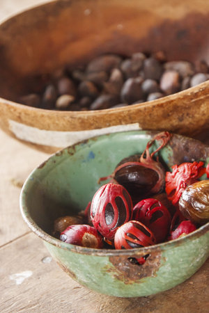 Nutmeg being processed in an old caribbean factory