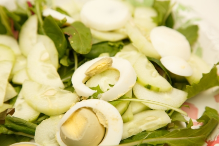 A mixed salad of baby spinach, aurugula, cucumbers, and boiled eggsの写真素材