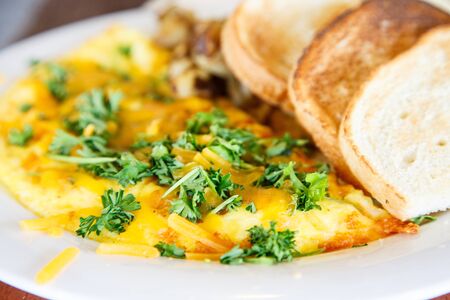Cheese Omelet Garnished with Parsley with Toastの写真素材