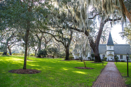 A small white church under oak trees draped with spanish moss