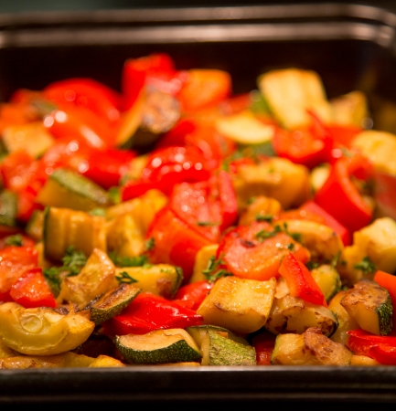 A pan of fresh, hot, cooked vegetablesの写真素材
