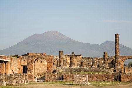 Ancient walls in Pompeii with volcano Vesuvius in the backgroundの写真素材