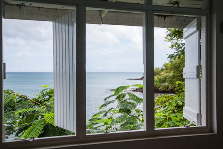 A view of the ocean in the tropics through an old wood window