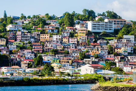 Many colorful buildings on the coast of Martiniqueの写真素材
