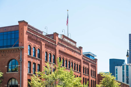 Old brick building by the Platte River in downtown Denverの写真素材