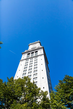Old clock tower in Boston against a clear blue sky