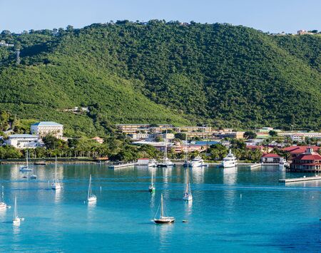 Luxury boats in the harbor of Charlotte Amalie off the coast of St Thomas in the US Virgin Islandsの写真素材