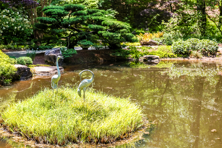 Two stone crane statues on a green, grassy island in the middle of a pondの写真素材