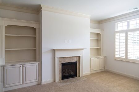 A new home with fireplace and builtin bookcasesの写真素材