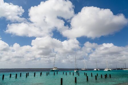 White yachts and sailboats moored off the coast of Bonaireの写真素材