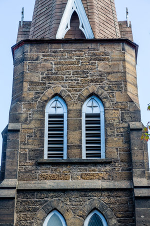 An old brown stone church in Sydney, Nova Scotia