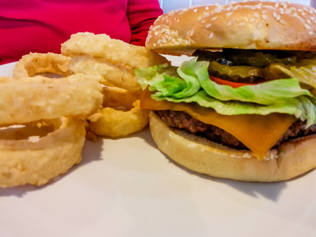 Lunch of Onion Rings with Deluxe Cheeseburgeの写真素材