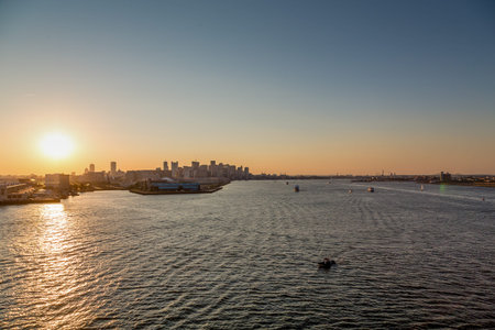 Skyline of Boston from the sea at sunset