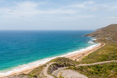View from hilltop on St Kitts overlooking the Atlantic Ocean and Caribbeanの写真素材