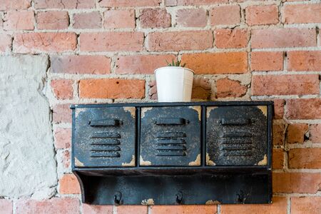 Tiny Plant in Cup on Black Boxes and brick wallの写真素材