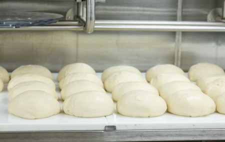 Fresh baked bread on racks and pans in a commercial kitchenの写真素材