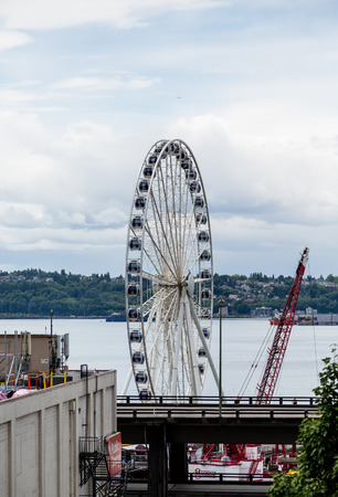 Waterfront architecture of Seattle featuing the new ferris wheelの写真素材