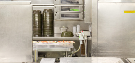 Pizza Prep Area in Commercial Kitchen on stainless steelの写真素材