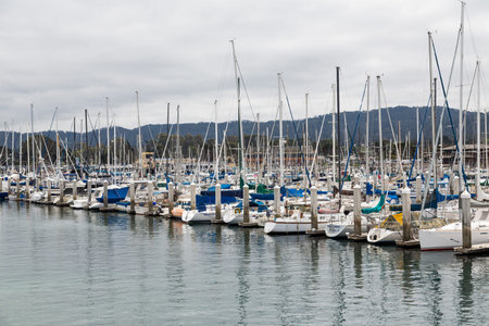 Rows of fishing boats and yachts in Monterey Harborの写真素材