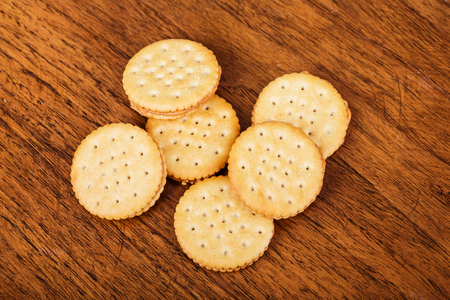 Peanut Butter Crackers on Wood Tableの写真素材