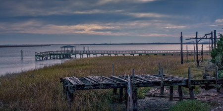 Broken and Rotting Piers Over Marshlandの写真素材