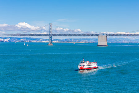 Red and White Ferry and Bay Bridge