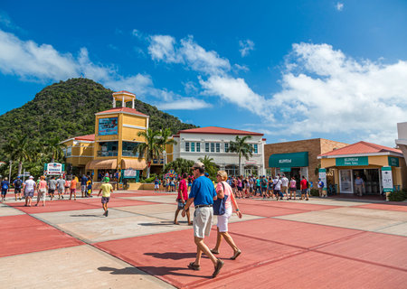 PHILIPSBURG, SINT MAARTEN - December 13, 2016: St. Maarten's economy is based on tourism from tourists staying on the island or from the many cruise lines that dock in the Philipsburg Harbour.のeditorial素材