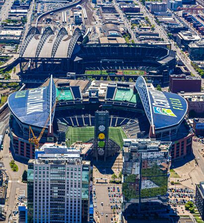 SEATTLE, WASHINGTON - May 19, 2017: Logging was Seattle's first major industry, but this has long been replaced by shipping, tourism, technology, and music, and has a strong counter-culture presence.のeditorial素材