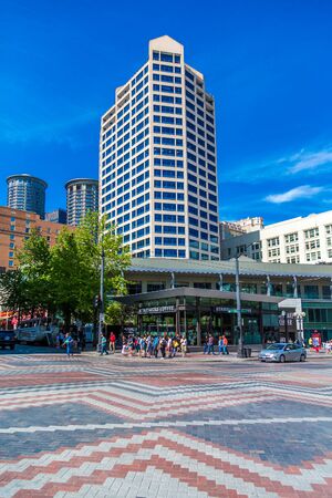 SEATTLE, WASHINGTON - May 21, 2017: Logging was Seattle's first major industry, but this has long been replaced by shipping, tourism, technology, and music, and has a strong counter-culture presence.のeditorial素材