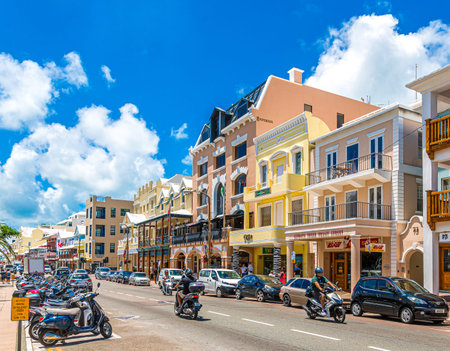 HAMILTON, BERMUDA - July 12, 2017: Bermuda has a blend of British and American culture, which can be found in the capital, Hamilton. Its Royal Naval Dockyard combines modern attractions with history.のeditorial素材