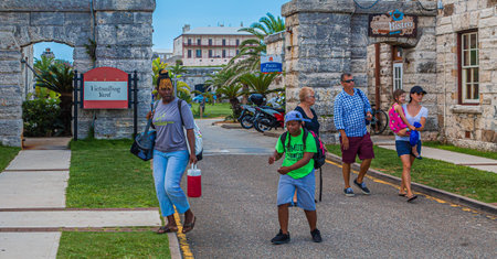 HAMILTON, BERMUDA - July 12, 2017: Hamilton, in Bermuda has a blend of British and American culture. Its Royal Naval Dockyard combines modern attractions and boating with history.のeditorial素材