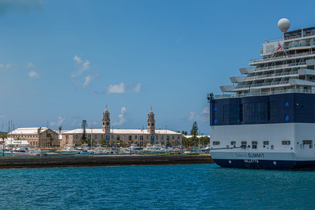HAMILTON, BERMUDA - July 12, 2017: Hamilton, in Bermuda has a blend of British and American culture. Its Royal Naval Dockyard combines modern attractions and boating with history.のeditorial素材