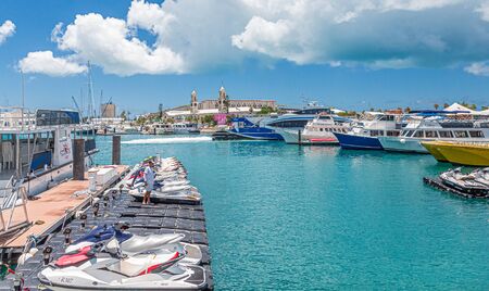 HAMILTON, BERMUDA - July 14, 2017: Hamilton, in Bermuda has a blend of British and American culture. Its Royal Naval Dockyard combines modern attractions and boating with history.のeditorial素材