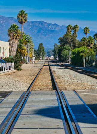 Railroad Tracks Toward Santa Ynez Mountains from Santa Barbaraの写真素材