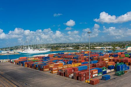 BRIDGETOWN, BARBADOS, December 2, 2017: Freighters now carry most of the world's cargo and the largest container ships can carry over 21,000 units of freight.のeditorial素材
