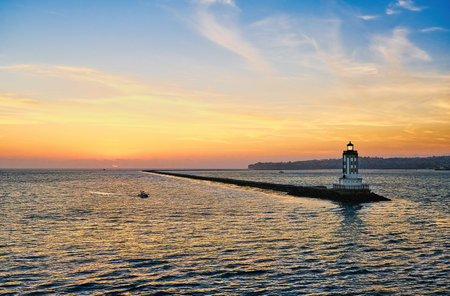 Los Angeles Harbor LIghthouse at Sunset with Fishing Boat