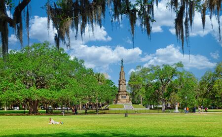 SAVANNAH, GEORGIA - April 29, 2019: Savannah is the oldest city in Georgia. From the historic architecture and parks to the shops of River Street, Savannah attracts millions of visitors annually.のeditorial素材