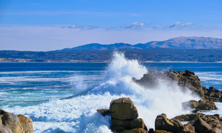 Surf Crashing on Pacific Rocks Near Monterey
